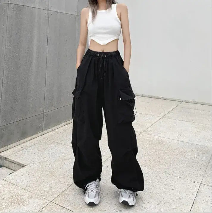 Damen Streetwear Cargo Baggy Parachute Wide Leg Hose