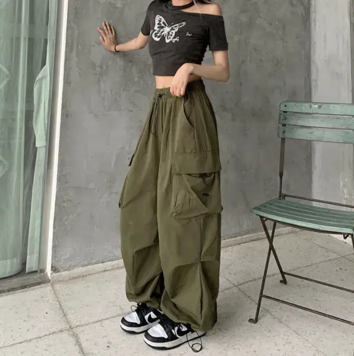 Damen Streetwear Cargo Baggy Parachute Wide Leg Hose