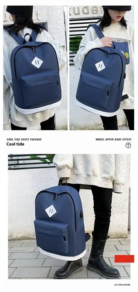 Navy blue large capacity USB backpack with white patch and front pocket for travel.