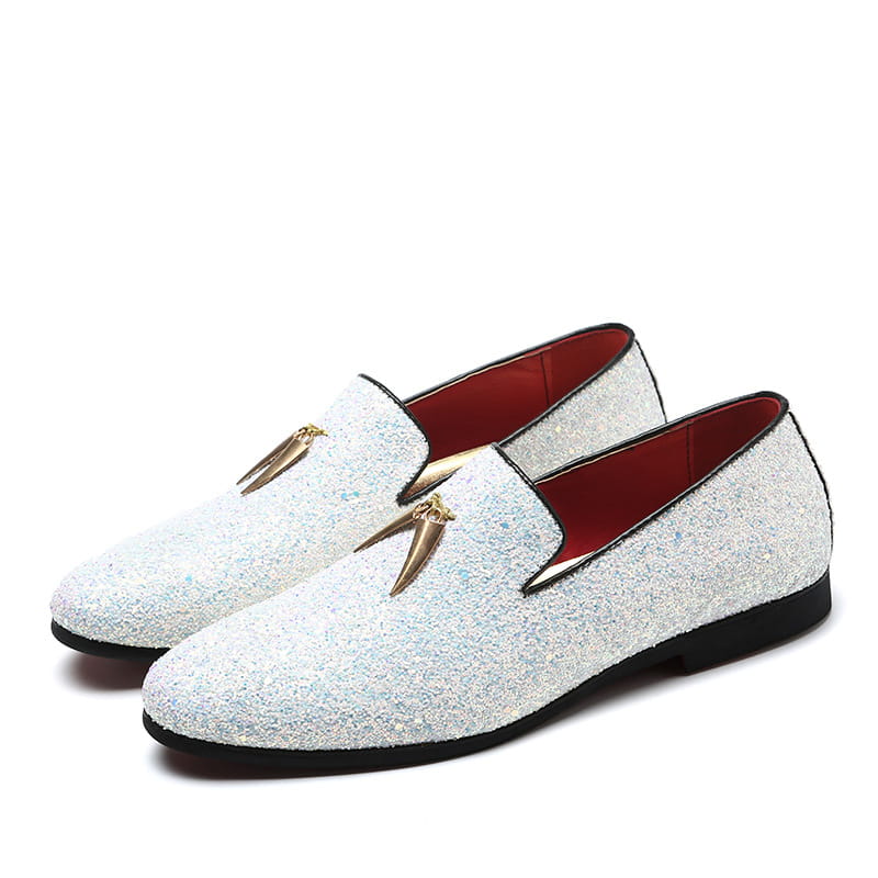 Sparkly white glittered rhinestone loafers with gold accents perfect for casual wear.