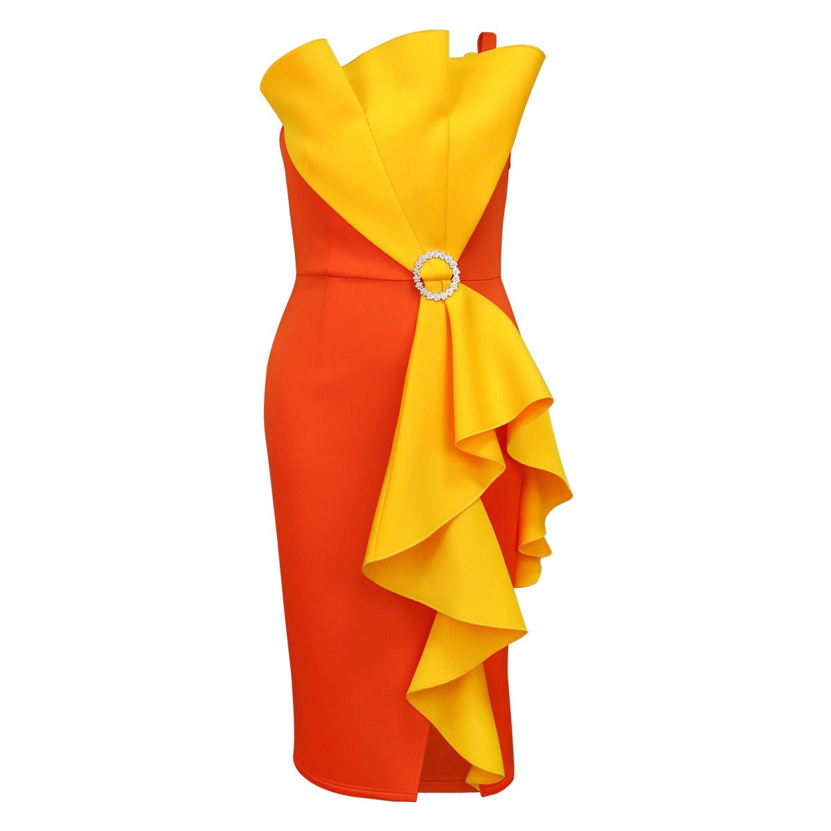 New color block ruffle edge dress, sexy party and banquet dress