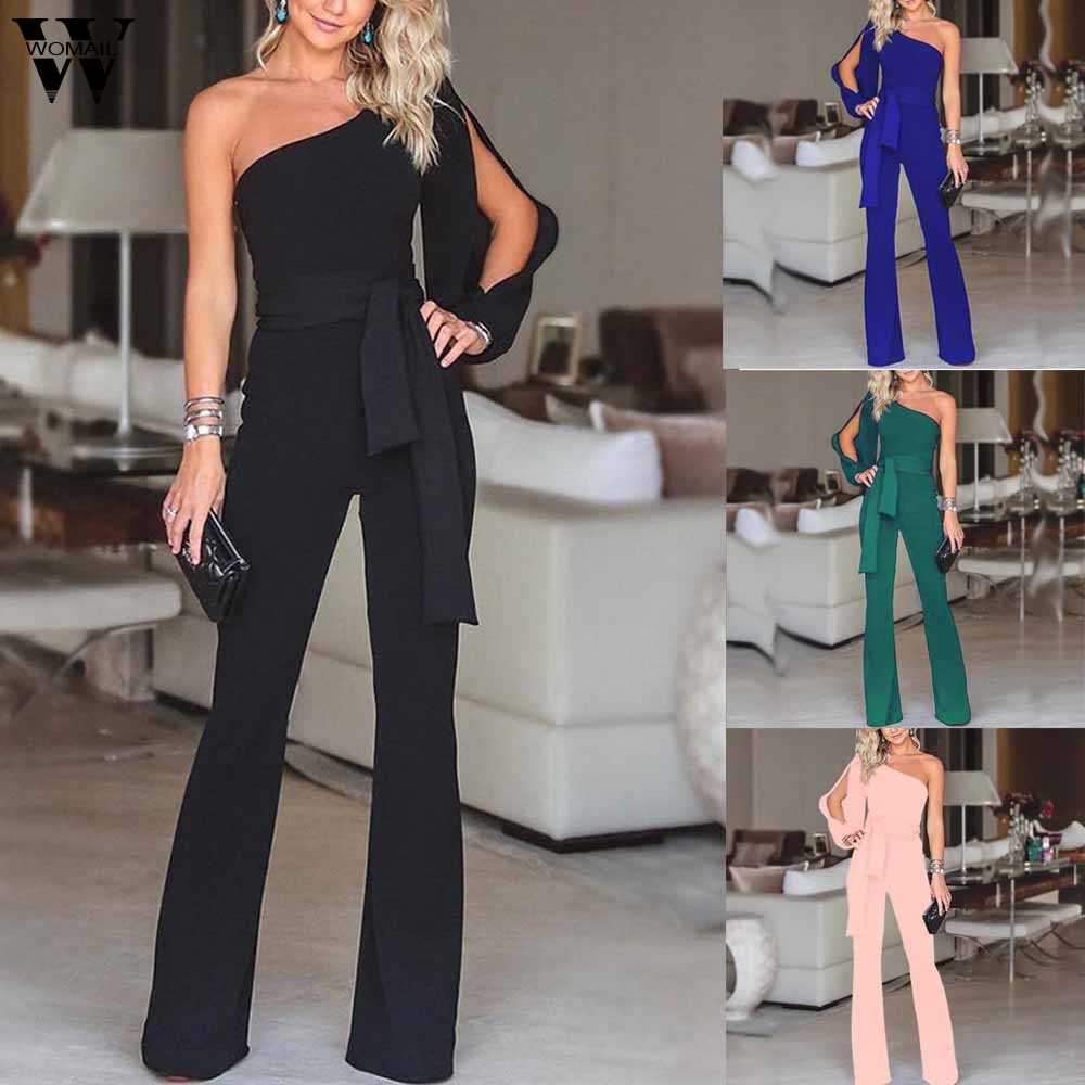 Womens Summer Casual Long Sleeve One Shoulder Wide Leg Jumpsuit - Pleasures and Sins   Pleasures and Sins