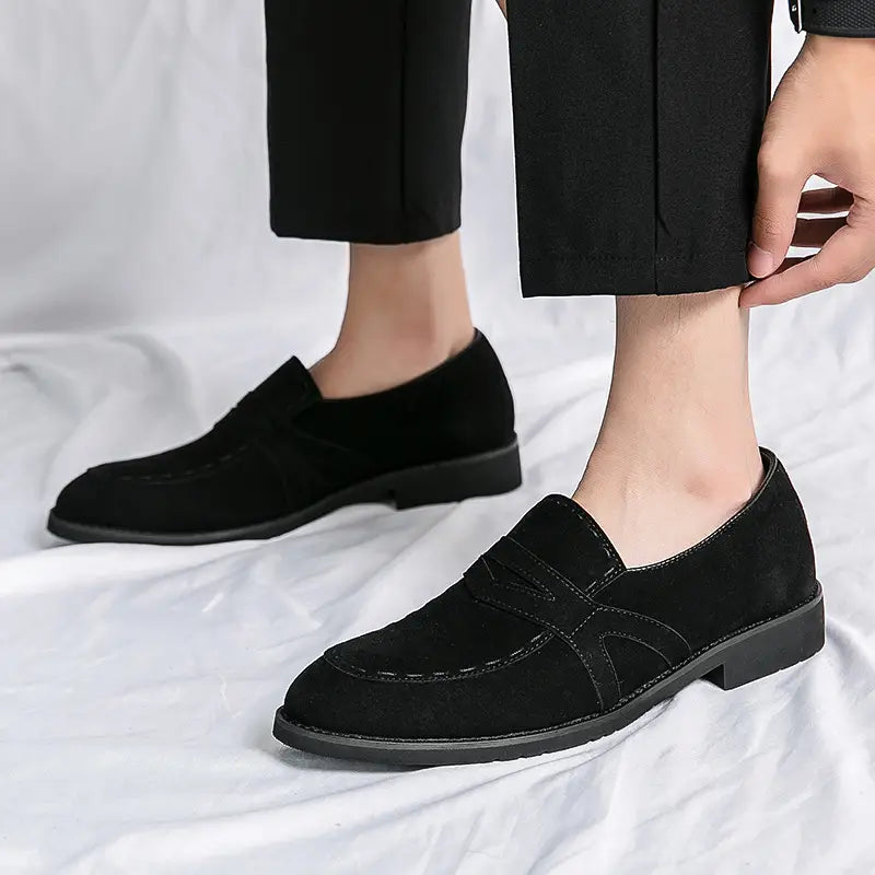 Black suede penny loafer with stitching detail in Men’s Pointed Toe Casual Moccasins.