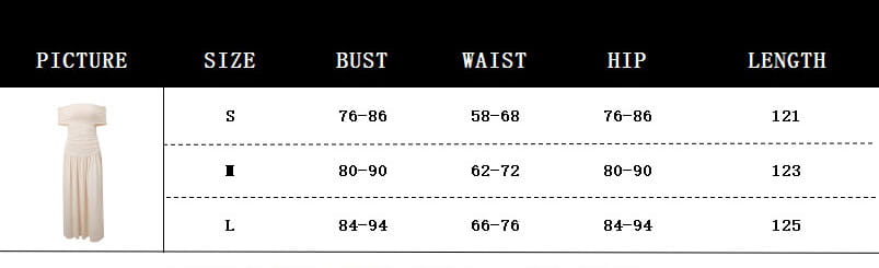 Size chart for Off-the-Shoulder Sexy Slim Fit Pleated Strapless Maxi Dress measurements.