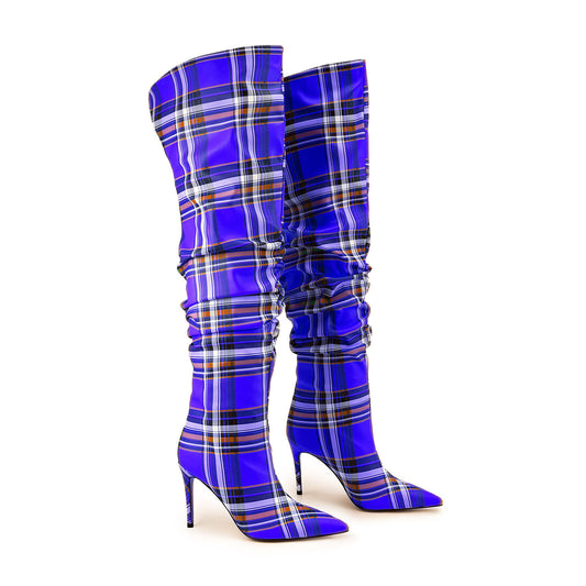 Ladies High Stiletto Heel Tartan Pattern Punk Boots Boots Pleasures and Sins.