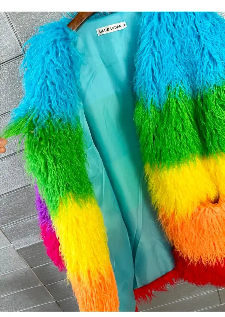 Winter Faux Fur Coat Shaggy Rainbow Outerwear