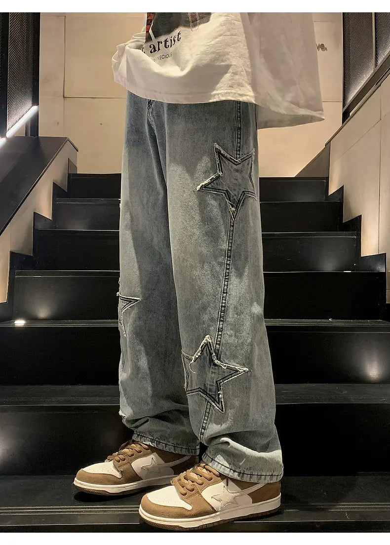 Jeans baggy à jambe large pour hommes avec détails étoilés