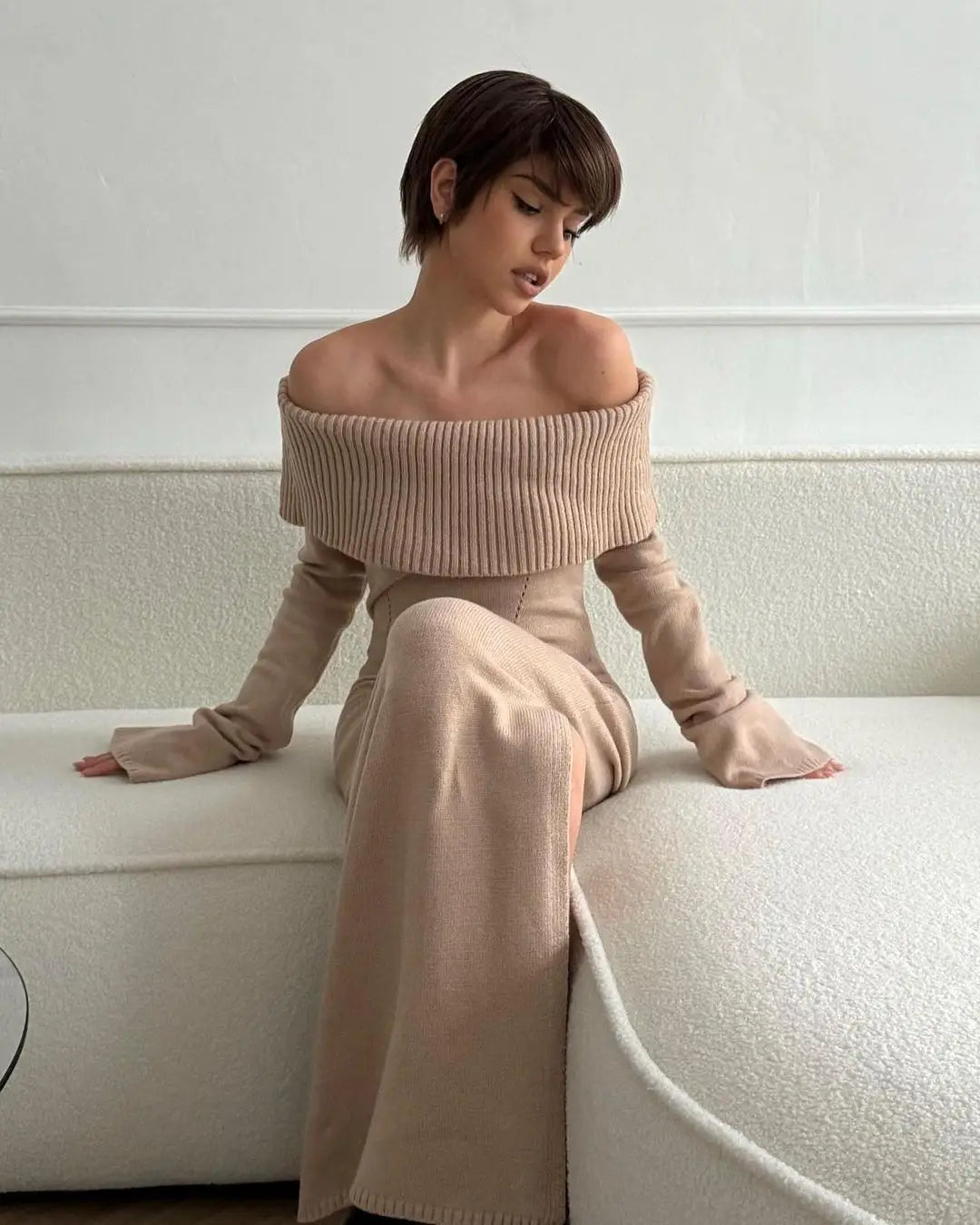 Off-the-shoulder Long Sleeve Knitted Bodycon Maxi Dress