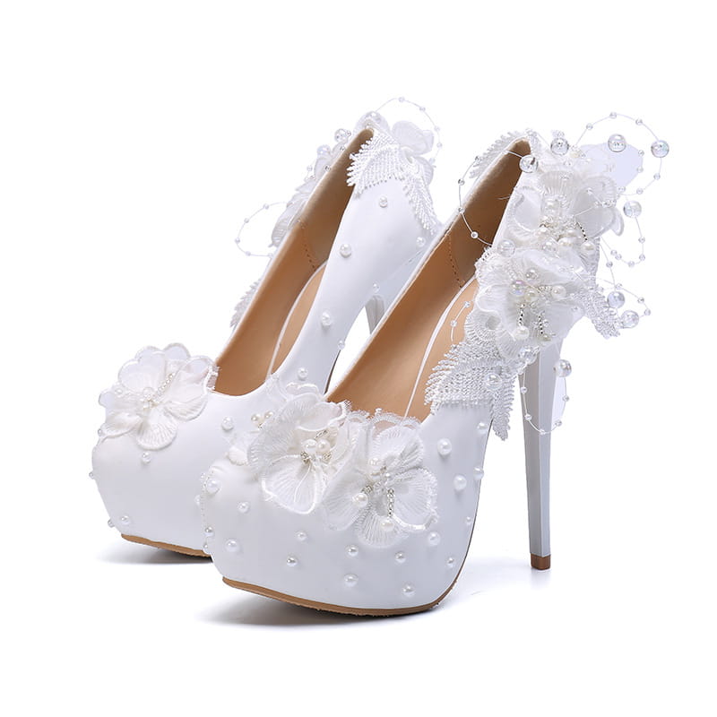 Wedding Shoes With Lace Pearl Flower Detail High Heel