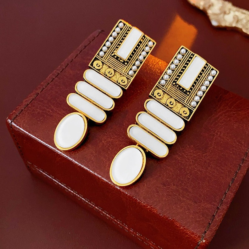 High-end Geometric artificial pearl earrings, French retro court style earrings