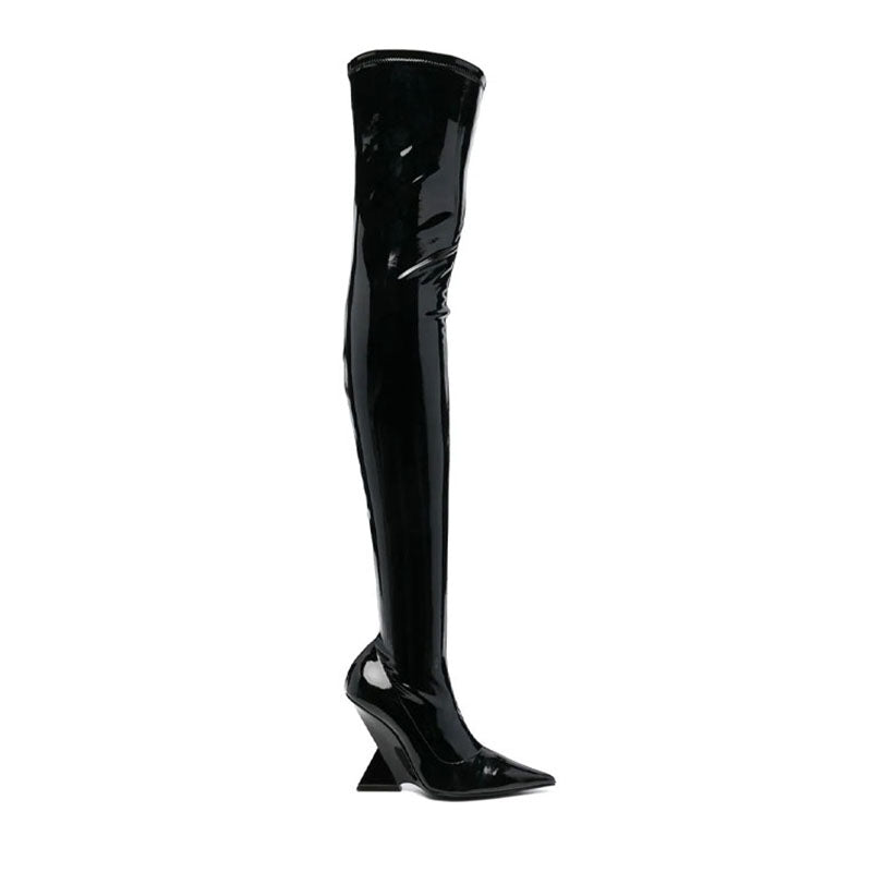 Neue Damen-Stiefel mit hohem Absatz und spitzer Zehenpartie sowie seitlichem Reißverschluss, sexy, schmale Lack-Dominatrix-Stiefel