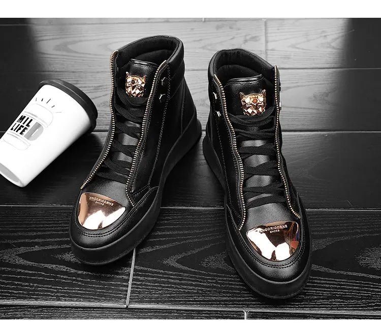 Black high-top casual street boots with metallic rose gold toe caps for a stylish look.