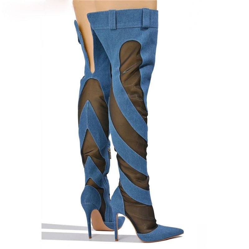 Womens Sexy Fashion Denim Mesh Patchwork Thigh High Boots Pointed Toe