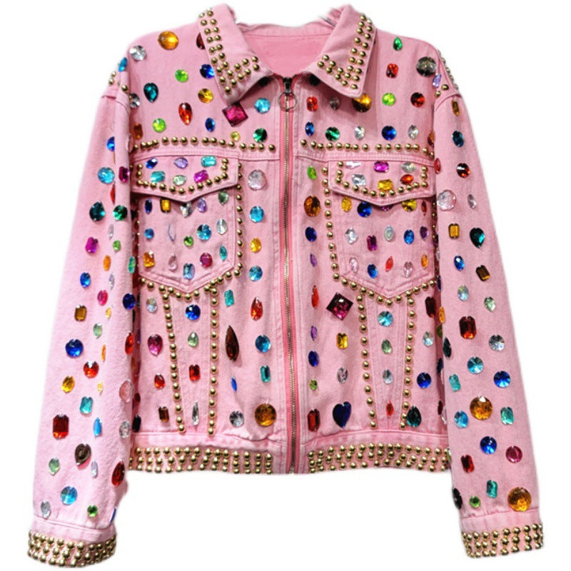 Heavy Rivet Beaded Diamond Pink Denim Jacket Long Sleeve Cowboy Coat - Pleasures and Sins   Pleasures and Sins