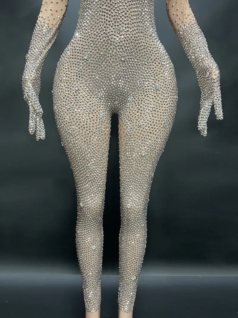 Rundhalsausschnitt langärmelig hauteng Strass Jumpsuit