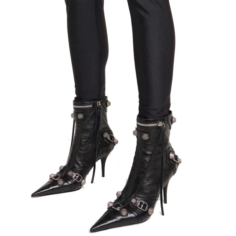 Womens Pointed Toe Metal Buckle Zipper Boots Rivet High Heel Luxury