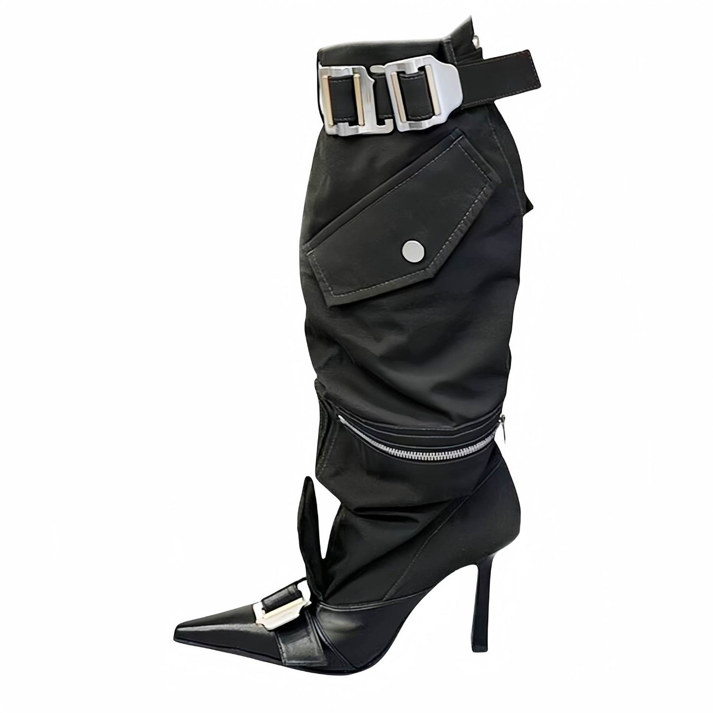 High heel pointed toe knee length belt buckle long tube women's  boots