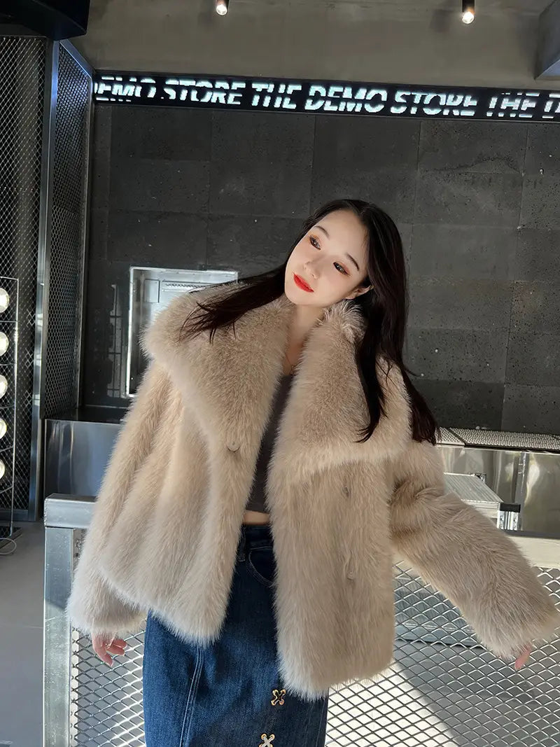 Ladies Large Lapel Fur Coat Elegant Long Sleeve Warm Fur