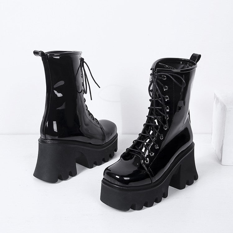 Autumn Thick Heel Short Lace Up Patent Boots