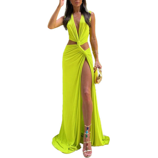 Women's summer new hollow knot slit V-neck sleeveless pleated dress - Pleasures and Sins   Pleasures and Sins