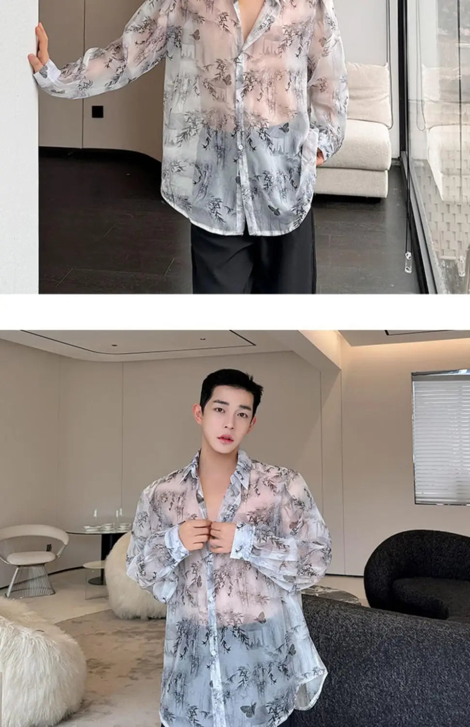 Semi-sheer Bamboo Flower Pattern Shirt in Traditional Chinese Style with floral print.