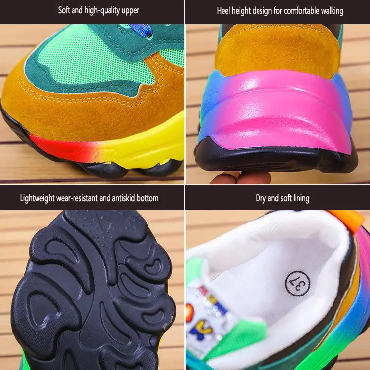 Colorful Rainbow Hip Hop Casual Shoes showcasing their unique design from different angles.