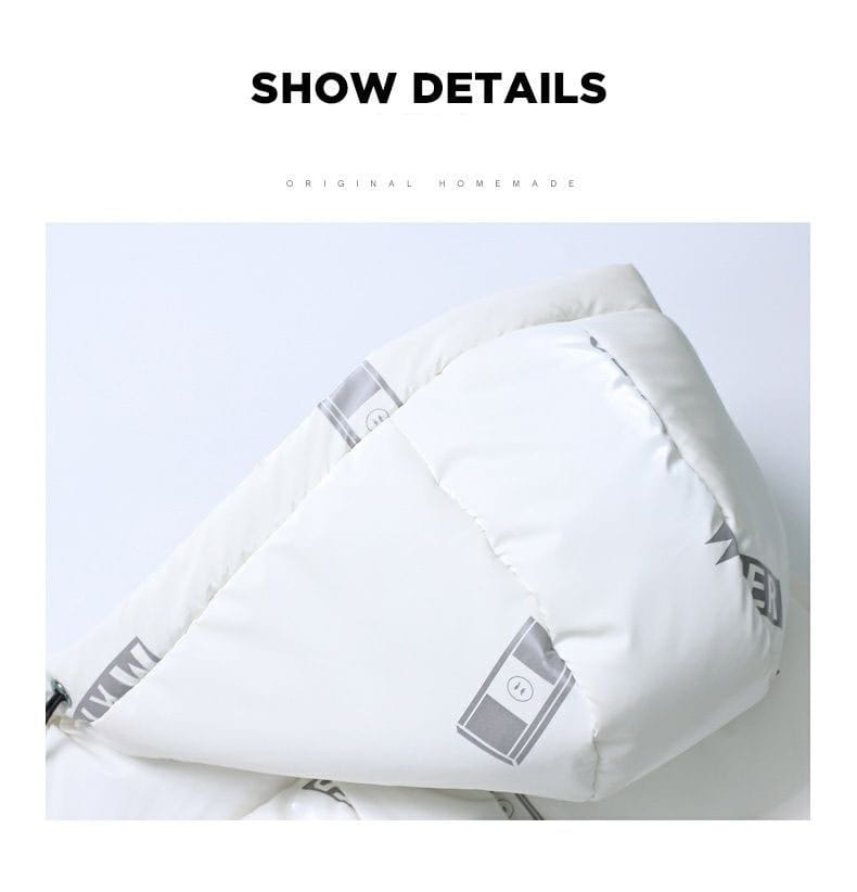 White triangular bag with metallic accents for Men’s Winter Hooded Shiny Quilted Coat.