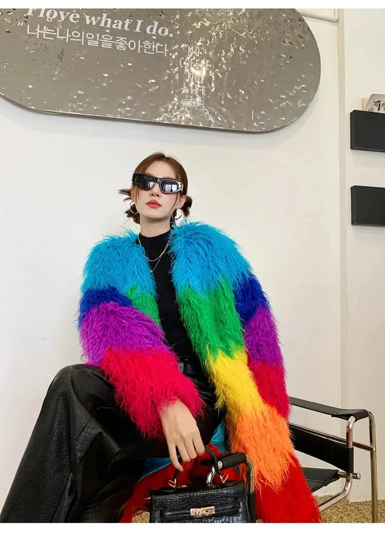 Winter Faux Fur Coat Shaggy Rainbow Outerwear