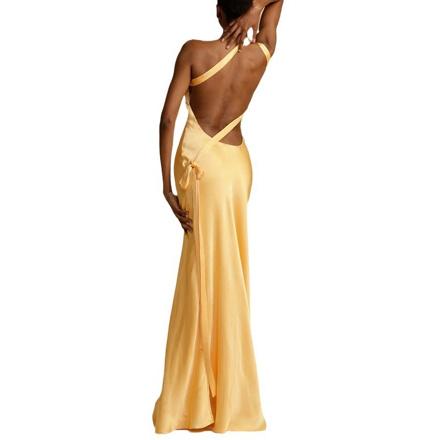 Ladies slanted shoulder slim fitting maxi dress casual satin dress - Pleasures and Sins   Pleasures and Sins