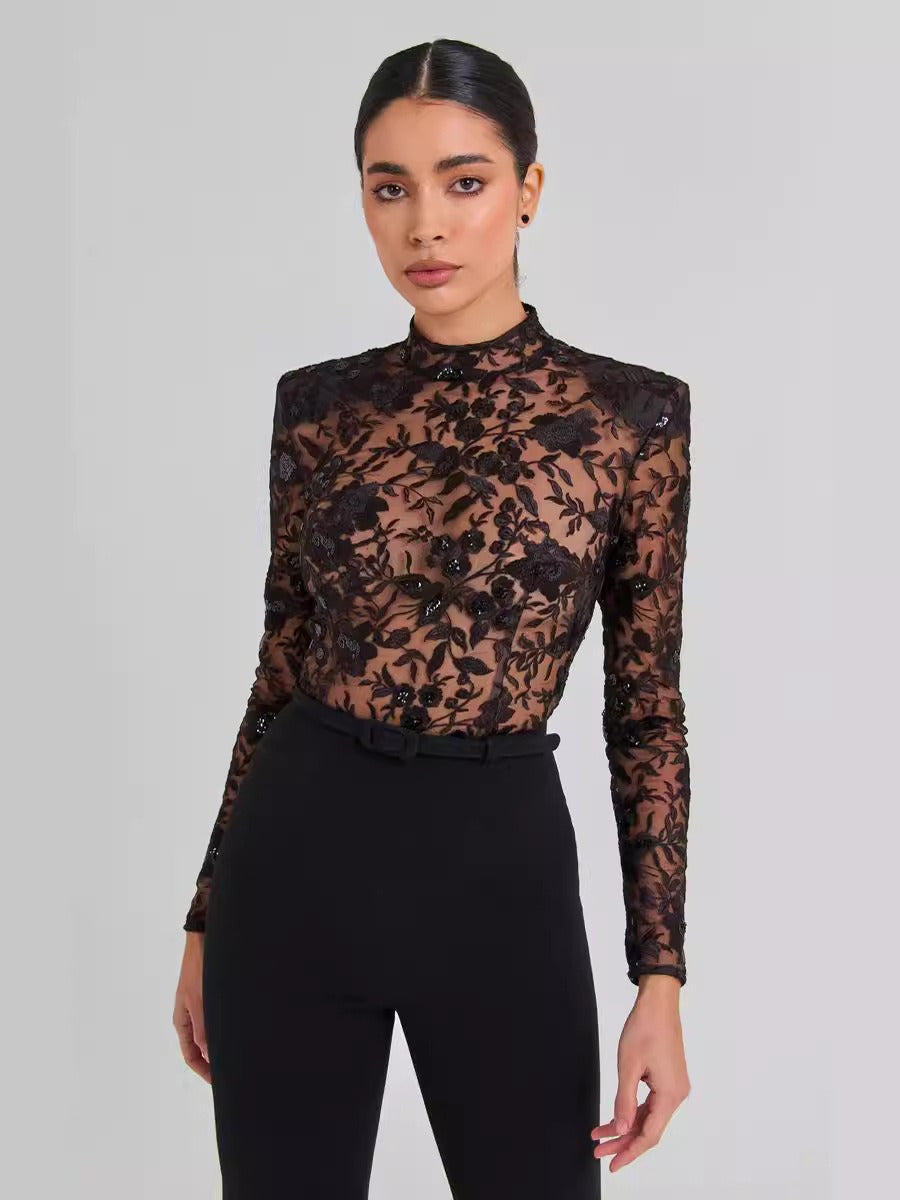 Womens sexy fashion see-through lace long-sleeved trouser jumpsuit - Pleasures and Sins   Pleasures and Sins