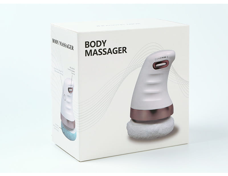 White and brown handheld body massager in packaging for ladies body sculpting device.