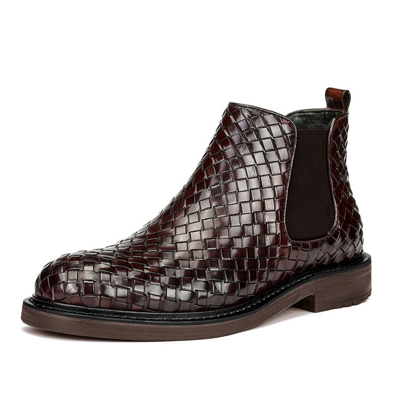 Brown woven pattern short boots for men with elastic panels and chunky soles.