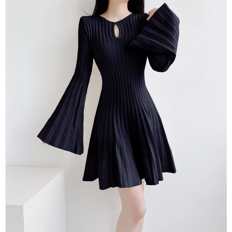 Ladies Bat Wing knitted dress with cinched waist and slimming A-line pleats