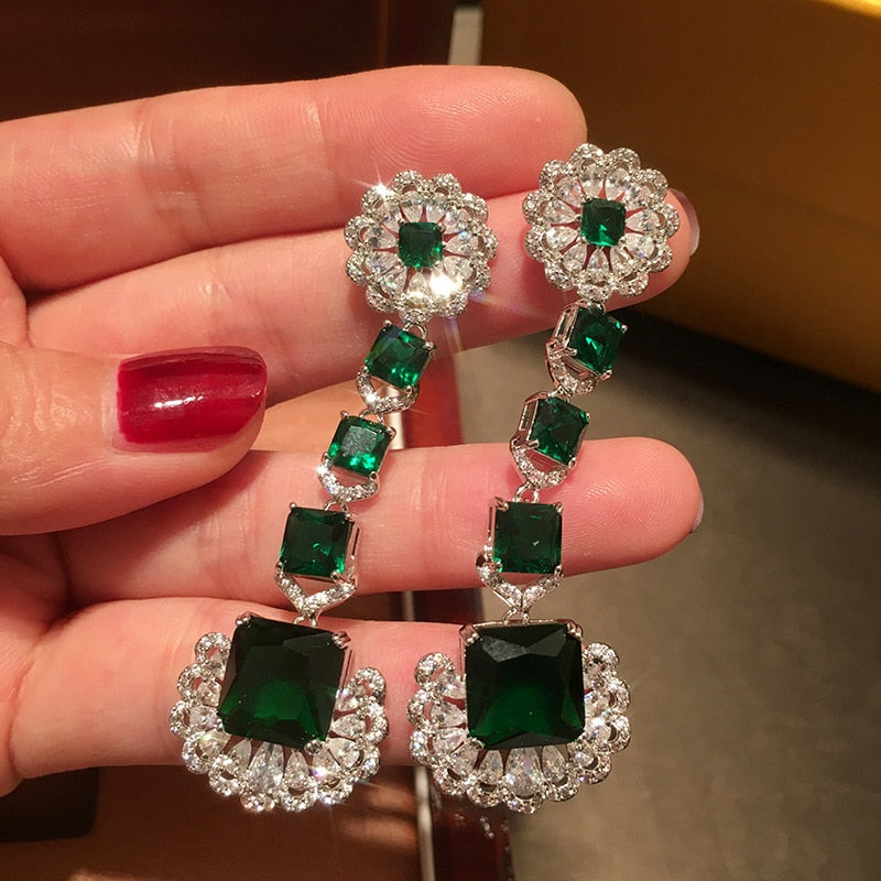 Luxurious Green Square Earrings Top Quality Cubic Zirconia Fashion Gift