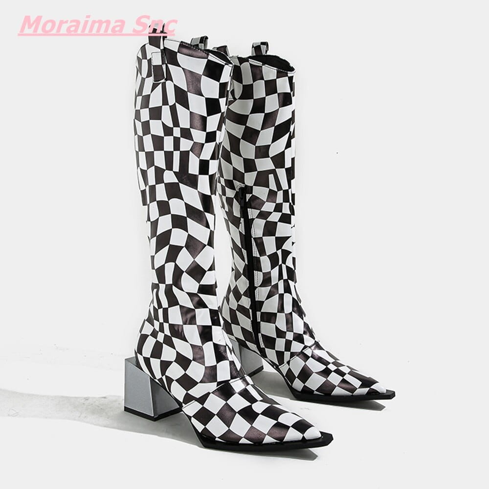 Black White Checkerboard Pointed Women’s Boots with a stylish checkerboard square heel.