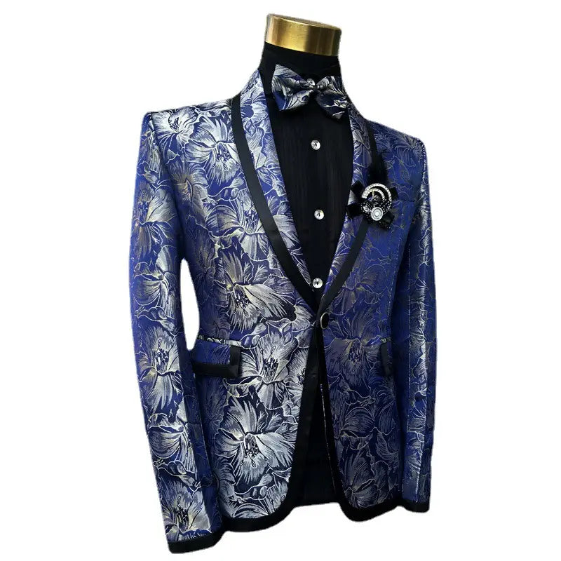 Men’s Blue Floral Wedding Prom Suit With Bow Tie