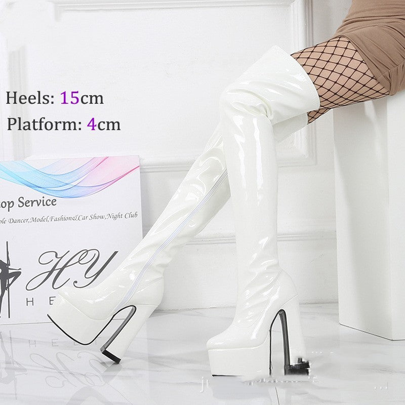 Thick Heel 15cm Ultra-high Heel Over Knee Patent Boots - Pleasures and Sins   Pleasures and Sins