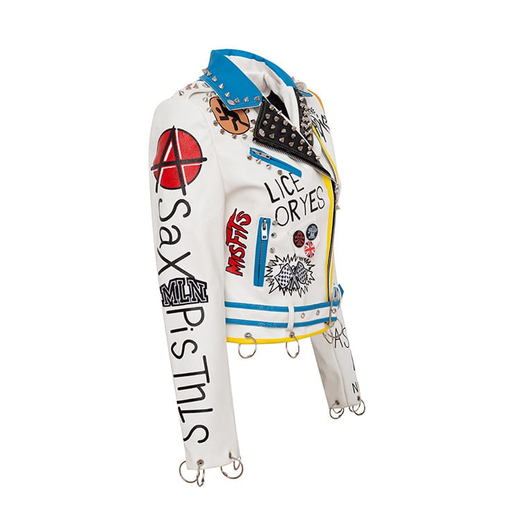 Graffiti Print Studded/rivetr Motorcycle Pu Leather Jacket