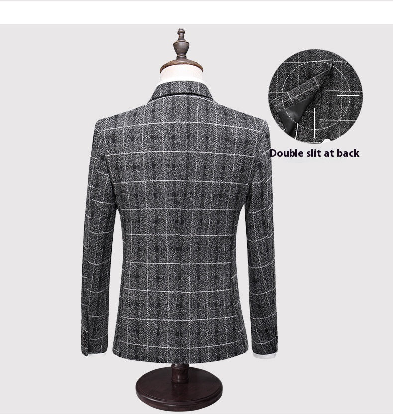 Men's Three-piece Slim-fitting English Style Checked Suit