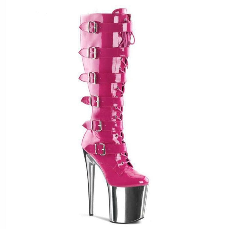 Pink Patent Multi Buckle Knee Length Drag Boots With a 20cm Silver Platform - Pleasures and Sins   Pleasures and Sins