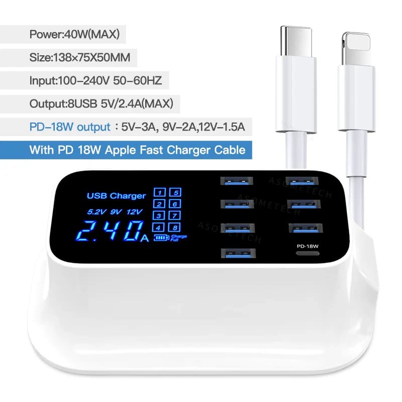 8 Ports Fast Charge LED Display USB Charger for All EU Plug