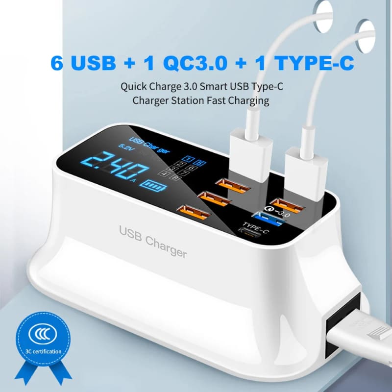 8 Ports Fast Charge LED Display USB Charger for All EU Plug