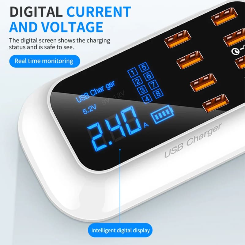 8 Ports Fast Charge LED Display USB Charger for All