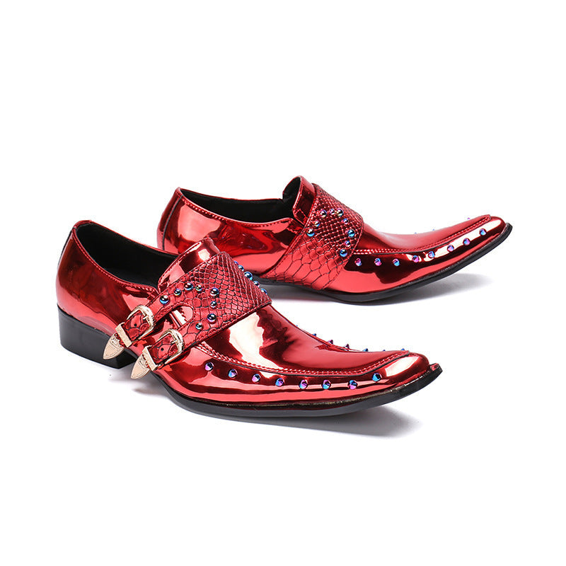 Chaussures pointues en cuir verni pour hommes, couleur vin rouge gaufré