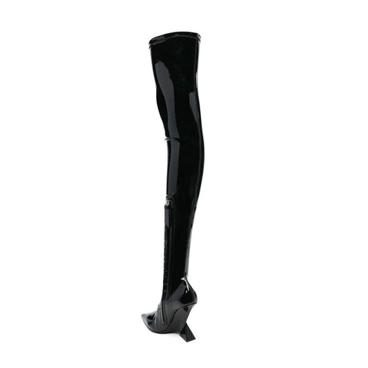 Neue Damen-Stiefel mit hohem Absatz und spitzer Zehenpartie sowie seitlichem Reißverschluss, sexy, schmale Lack-Dominatrix-Stiefel