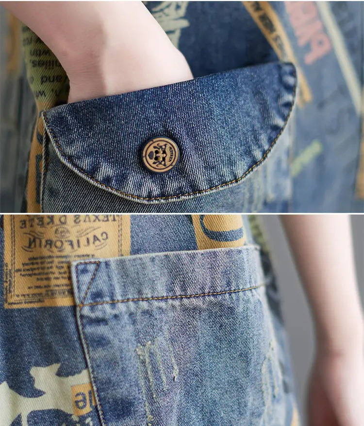 Denim pocket with metal button on Loose Fit Retro Printed Denim Dungarees.