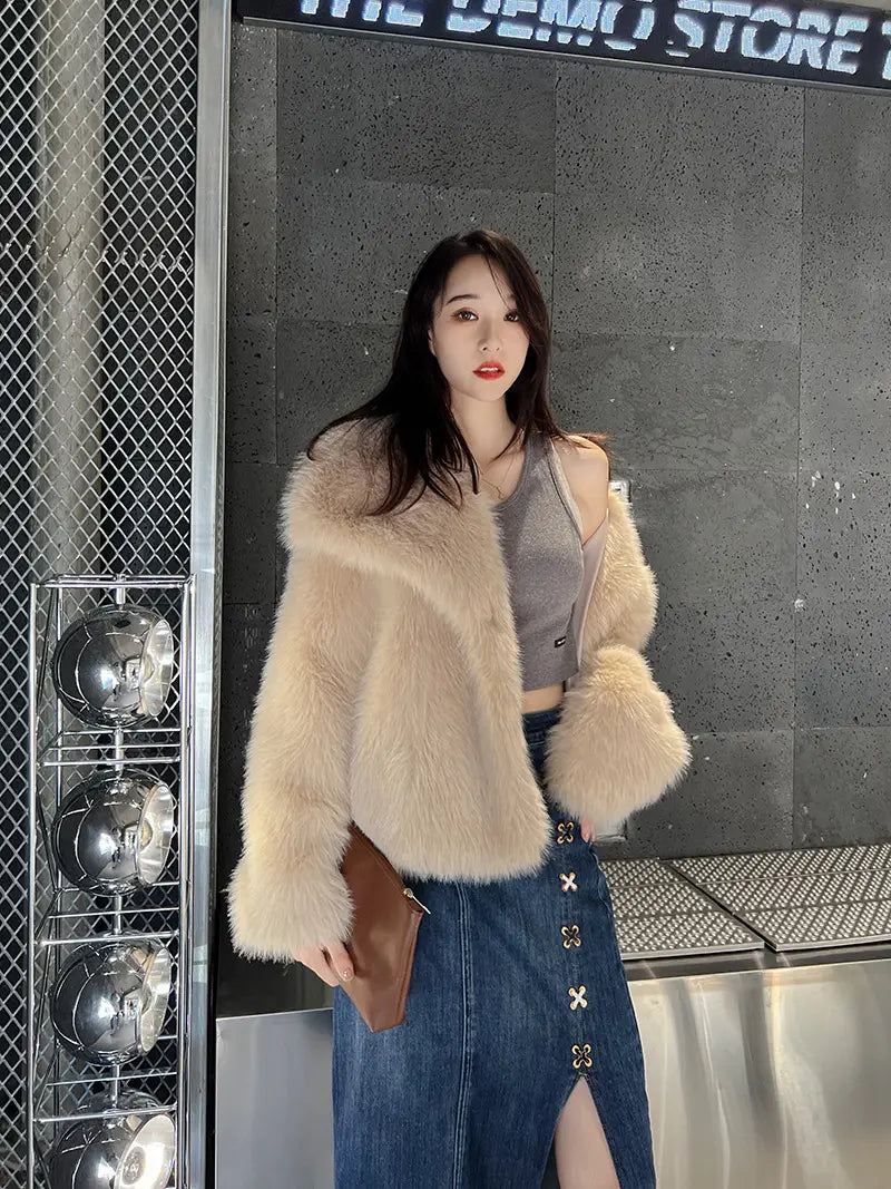 Ladies Large Lapel Fur Coat Elegant Long Sleeve Warm Fur