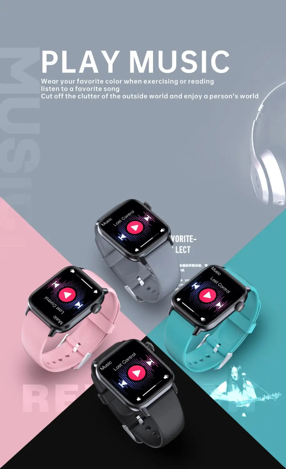 Montre intelligente Smartpulse Ai affichant des interfaces musicales et des fonctions de surveillance de la fréquence cardiaque.