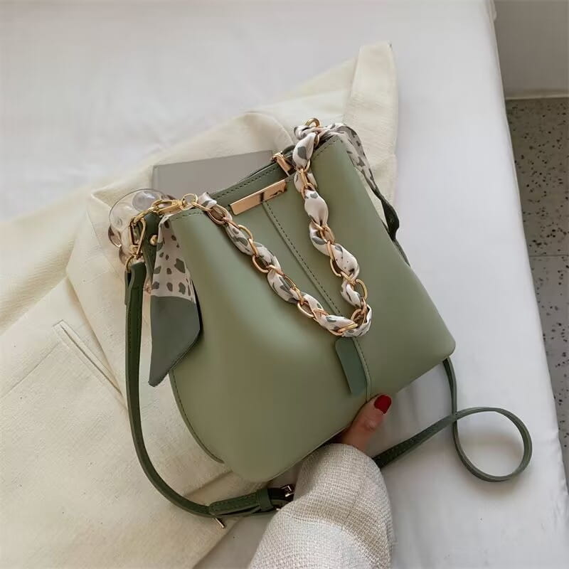 Sage green versatile bucket bag with chunky chain handle for women’s crossbody fashion