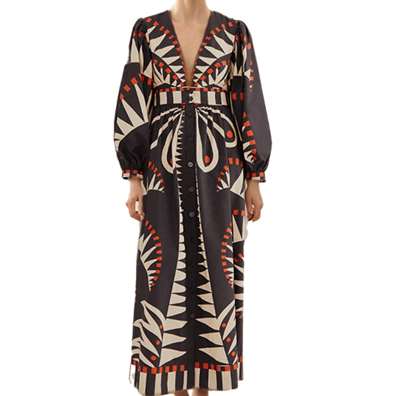 Long v neck maxi dress with bold classical style print in black, white, and red.